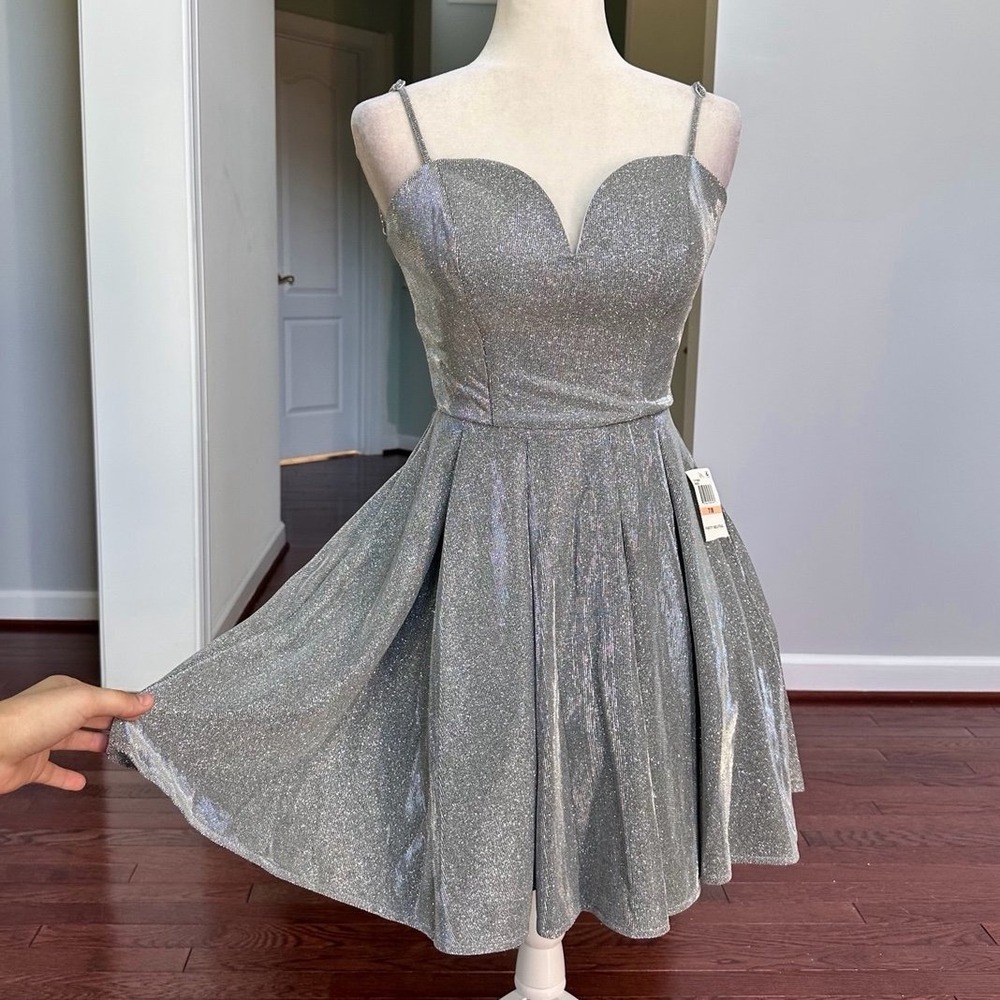 NWT B. Darlin Sparkly Silver Glitter Sweetheart Neckline Corset Back Mini Dress